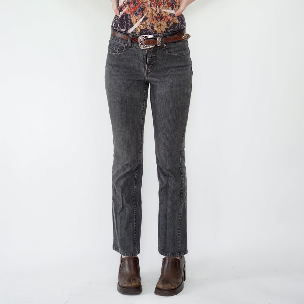 Grey mid rise boot cut jeans